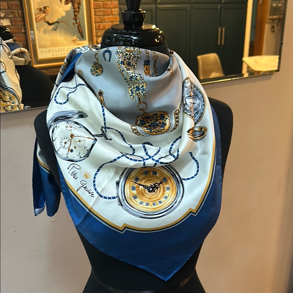 Rolex Blue And Gold Scarf With Classic Vintage Watch Design 100Silk 35 Square